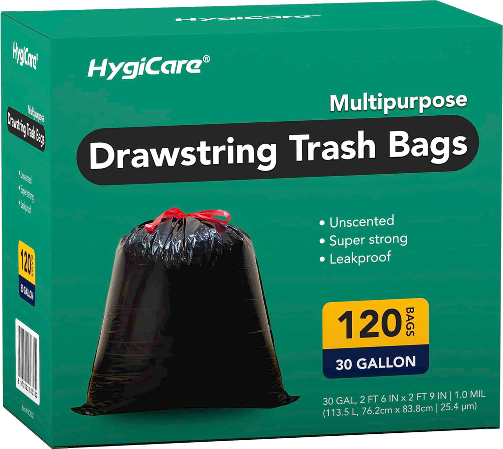 Hygicare Ultra Strong 30 Gallon Trash Bags Unscented 120 Count Drawstring Garbage Bags Pre-Separated Eco-friendly Materials Heavy Duty Leakproof Sturdy Black