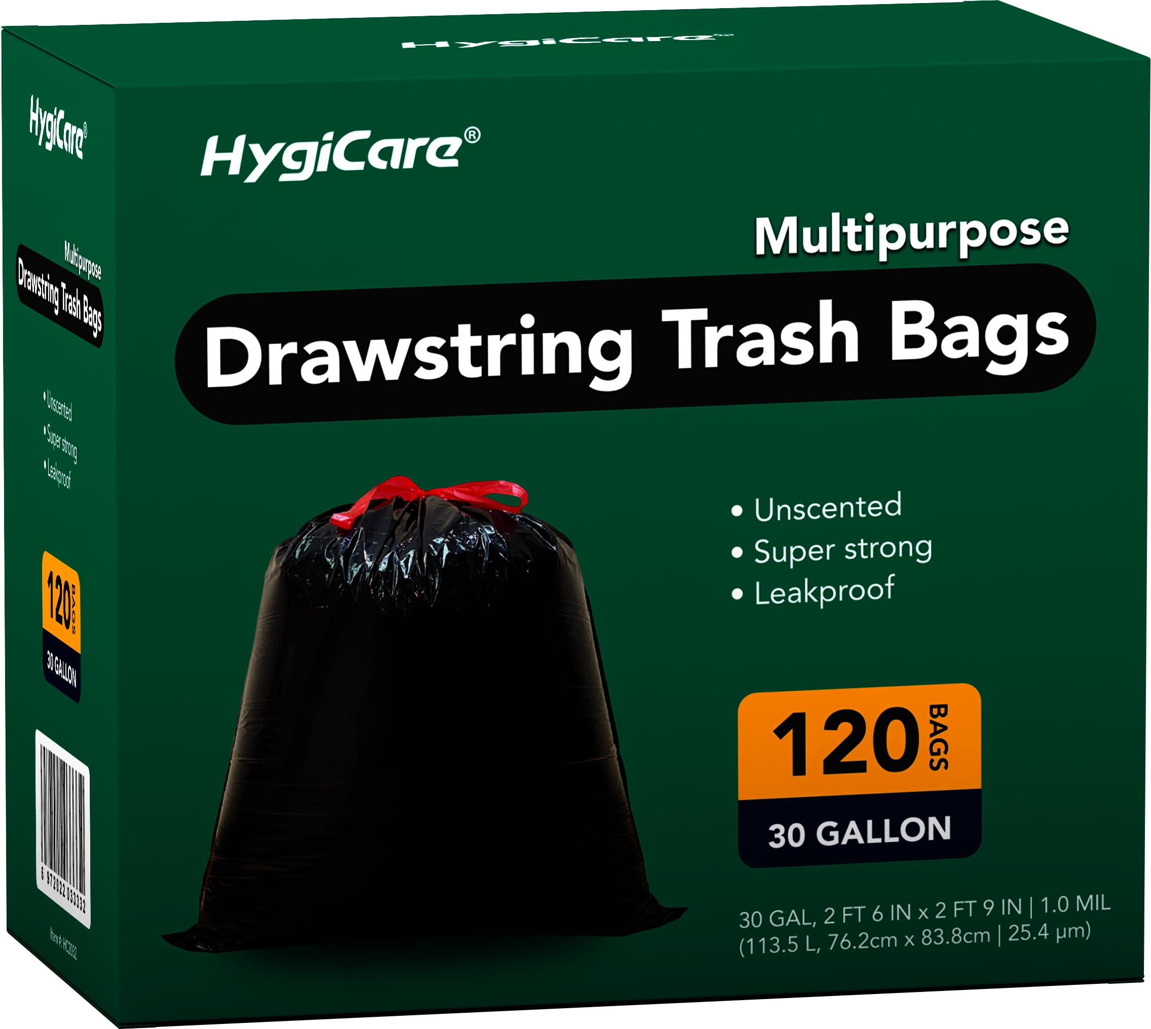 Hygicare Ultra Strong 30 Gallon Trash Bags Unscented 120 Count Drawstring Garbage Bags Pre-Separated Eco-friendly Materials Heavy Duty Leakproof Sturdy Black