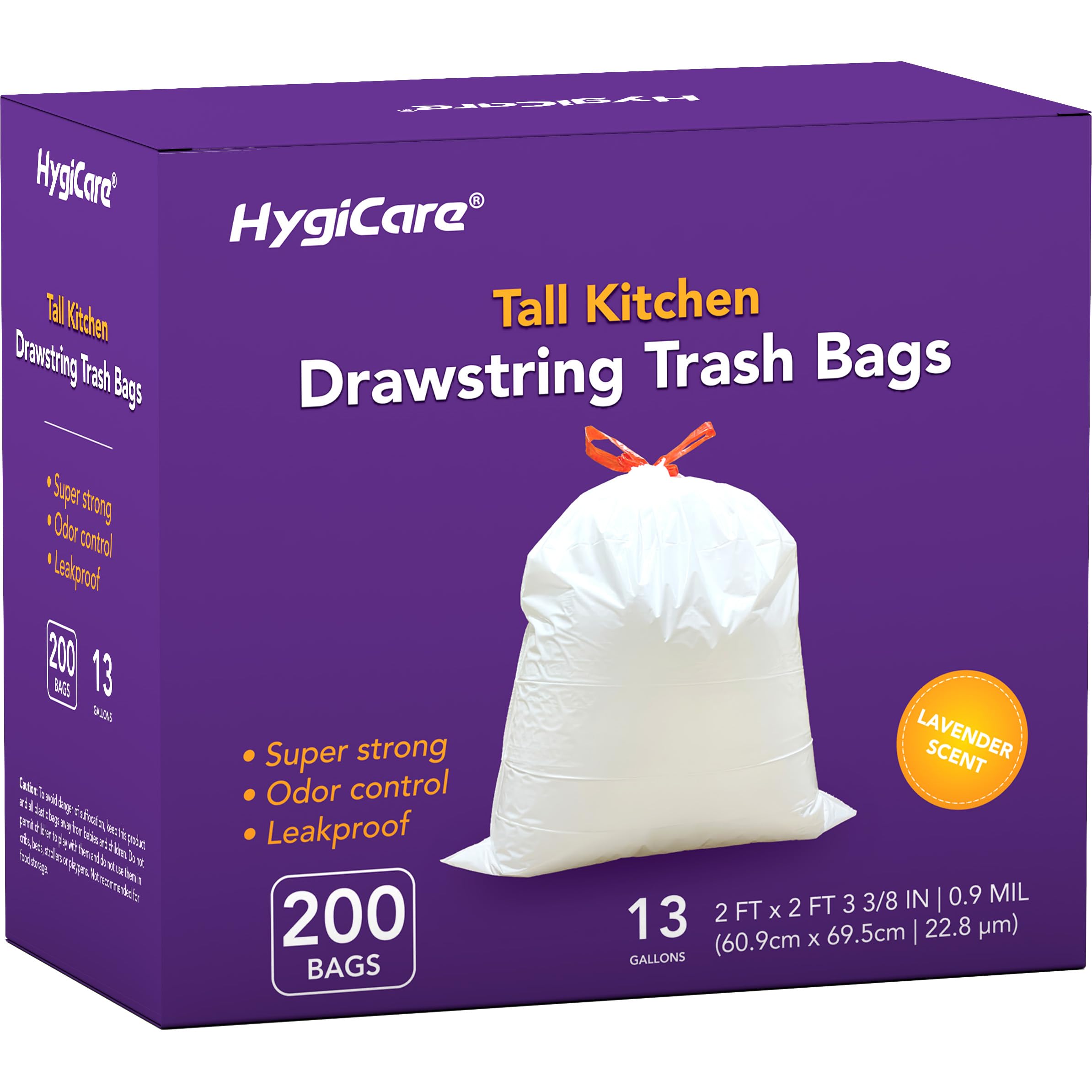 HygiCare 13 Gallon Tall Kichen Trash Bags Lavender Scented 200 Count Drawstring Garbage Bags Pre-Separated Odor Control Ultra Strong Leakproof Sturdy White